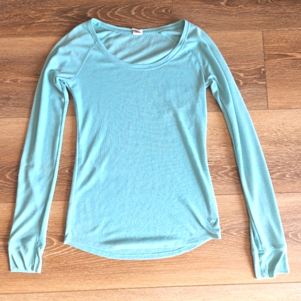 Victorias Secret PINK Light Teal Long Sleeve Scoop Neck Waffle Thermal Shirt